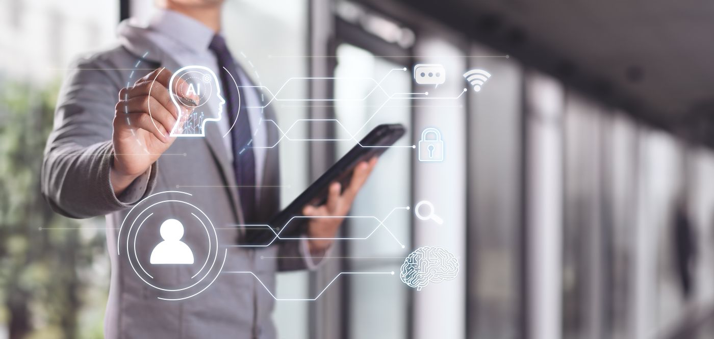 Businessman Interacting With Artificial Intelligence. Automation And Optimization Technology. - Auster Inteligência Contábil